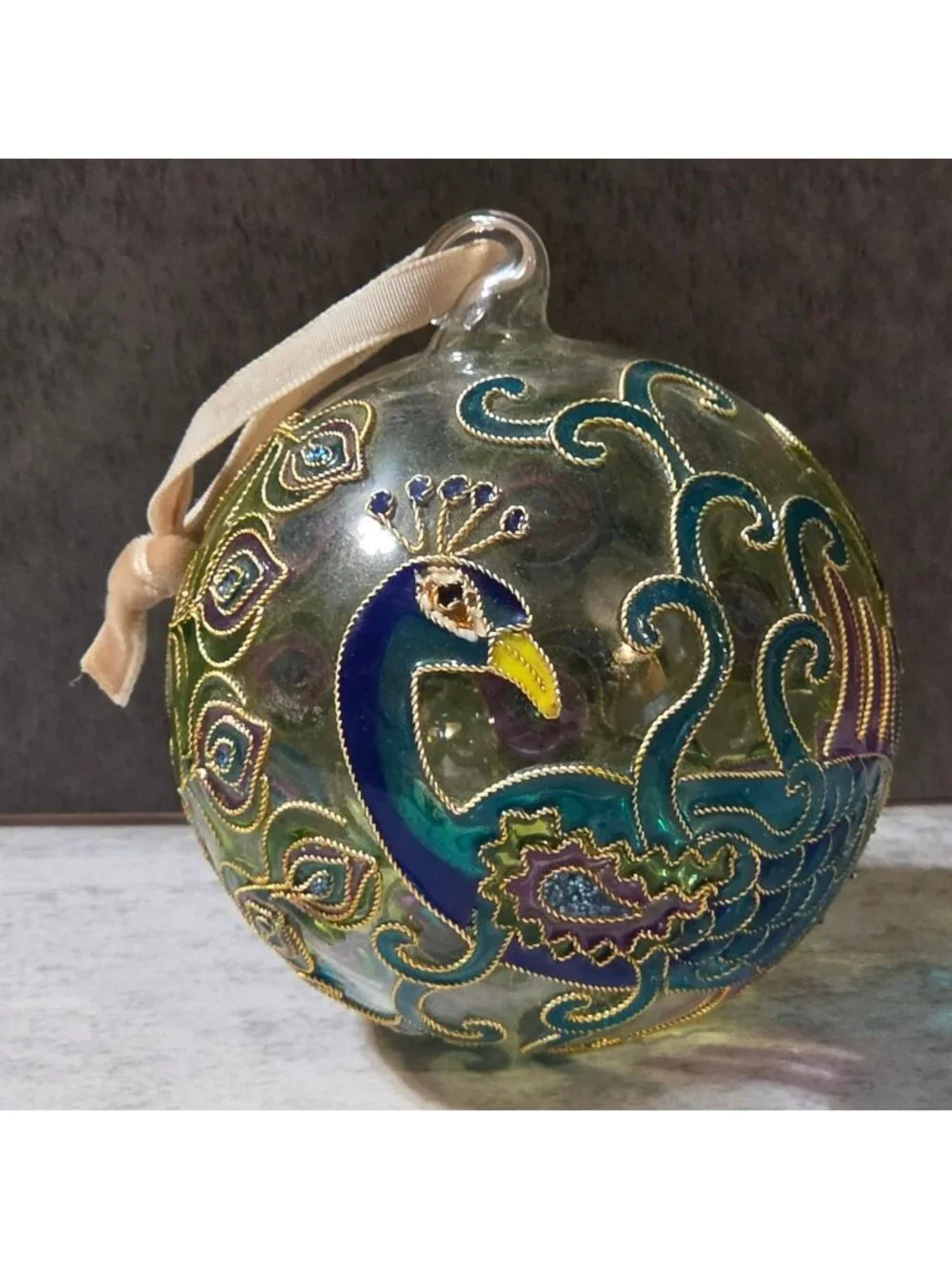 World Market Peacock Cloisonne Glass Christmas Ornament 3